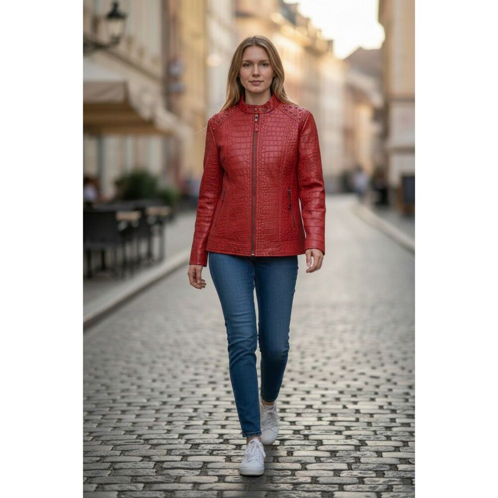 Vintage V Cristina red faux crocodile leather studded jacket size large